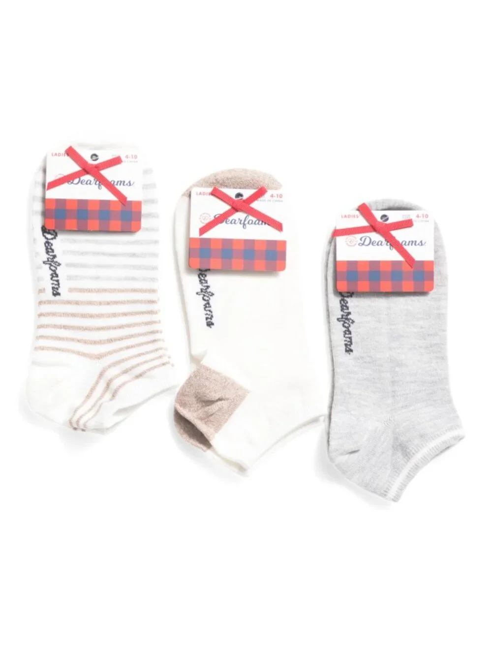 NWT - Dearfoams - 3 Pk - Ultimate No Show Socks - Gray, Cream, Tan, and Striped